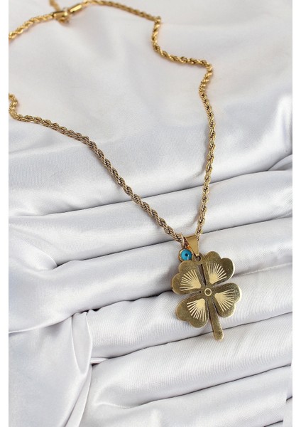 316L Çelik Burgu Zincirli Nazar Detaylı Yonca Model Gold Renk Kadın Kolye fiyatları