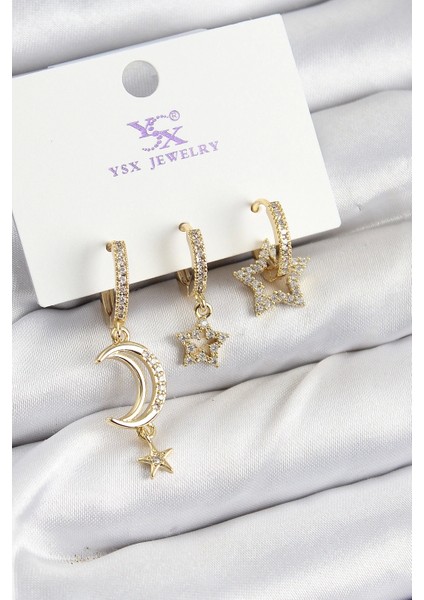 Pirinç Zirkon Taşlı Ay ve Hilal Model Gold Renk 3'lü Kadın Küpe