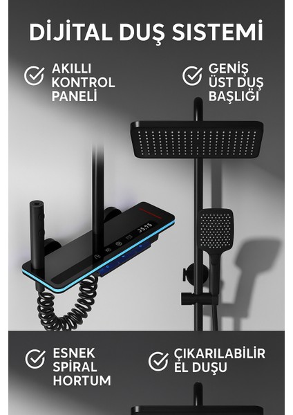 Akıllı LED Ekranlı Termostatik Duş Sistemi – 5 Fonksiyonlu Premium Tasarım - Robot Işıklı Gri