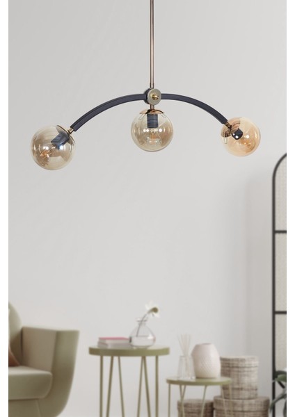 3 Lü Gold-Siyah Metal Gövde Bal Rengi Camlı Lüks Avize