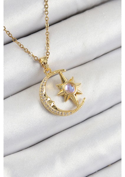 316L Çelik Zirkon Taşlı Kutup Yıldızlı Hilal Model Gold Renk Kadın Kolye
