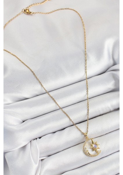 316L Çelik Zirkon Taşlı Kutup Yıldızlı Hilal Model Gold Renk Kadın Kolye fiyatları