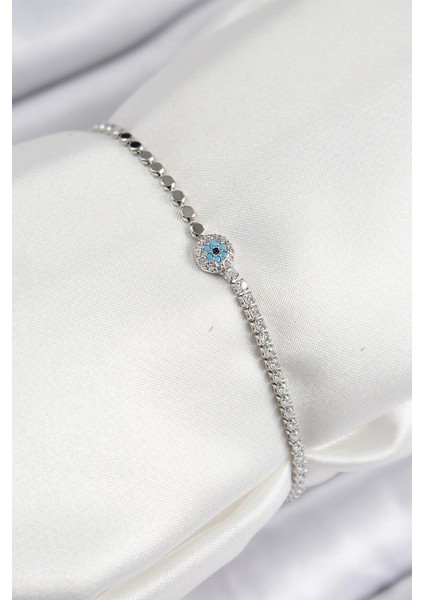 Pirinç Zirkon Taşlı Nazar Model Ezme Zincir Gümüş Renk Kadın Bileklik