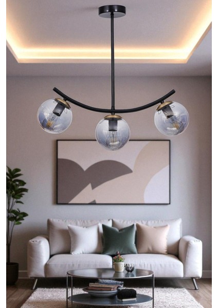 Şık 3'lü Siyah Füme Camlı Modern Tavan Avizesi