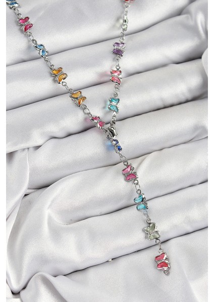 Pirinç Renkli Zirkon Taşlı Kelebek Model Gümüş Renk Kadın Y Kolye