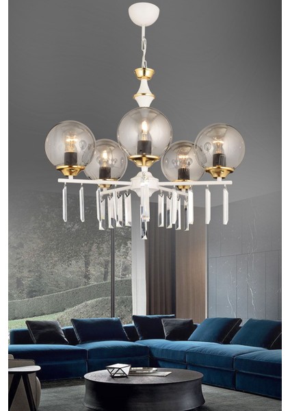 Beyaz 5'li Füme Glop Camlı Kristal Avize, Şık ve Modern Aydınlatma Parçası