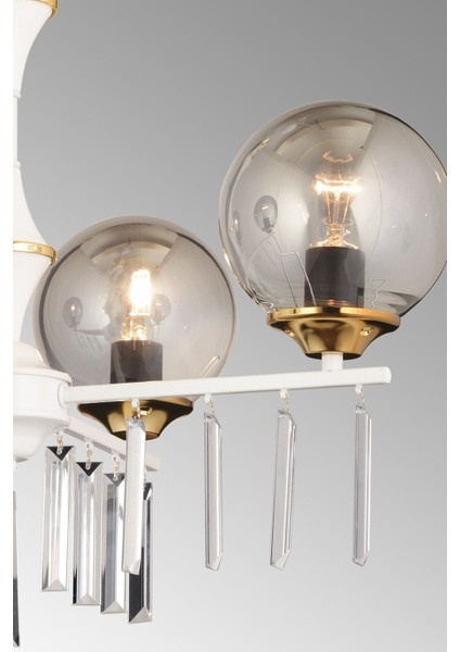 Beyaz 5'li Füme Glop Camlı Kristal Avize, Şık ve Modern Aydınlatma Parçası