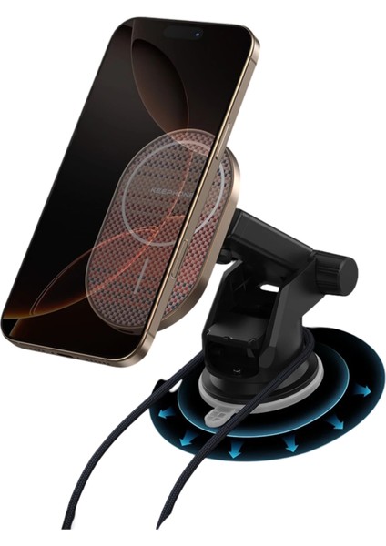 KPW-081 Kevlar Seanova 2in1 360 Dönebilen 15W Kablosuz Şarj Destekli Manyetik Magsafe Telefon Tutucu - Apple Iphone modelleri