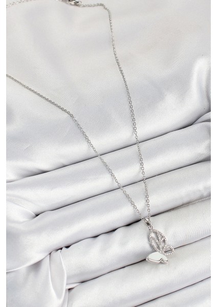 316L Çelik Zirkon Taşlı Kelebek Model Gümüş Renk Kadın Kolye fiyatları