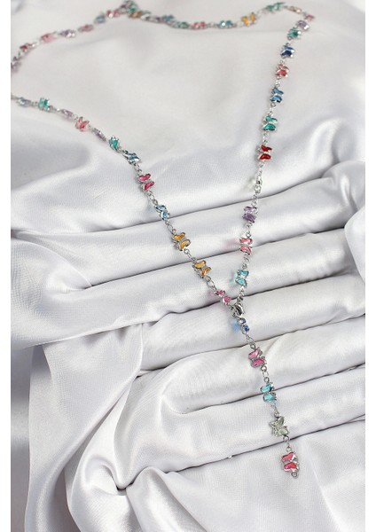 Pirinç Renkli Zirkon Taşlı Kelebek Model Gümüş Renk Kadın Y Kolye fiyatları