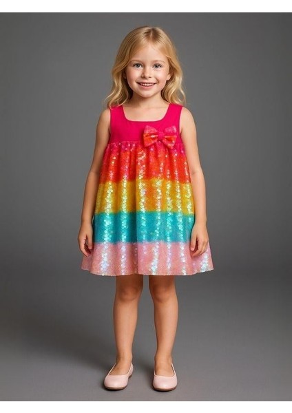 Kız Çocuk Pul Payetli Gökkuşağı Tasarım Abiye Elbise