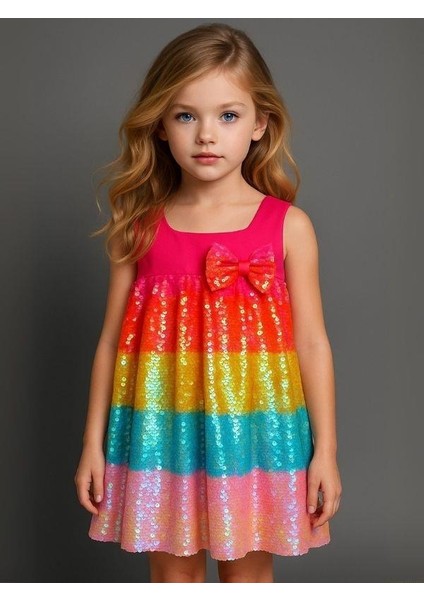 Kız Çocuk Pul Payetli Gökkuşağı Tasarım Abiye Elbise fiyatları