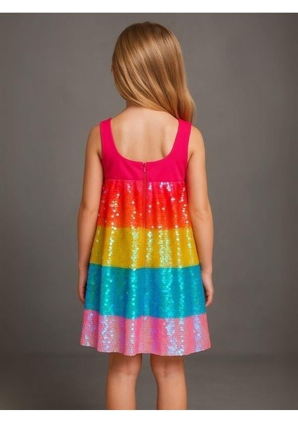 Kız Çocuk Pul Payetli Gökkuşağı Tasarım Abiye Elbise modelleri