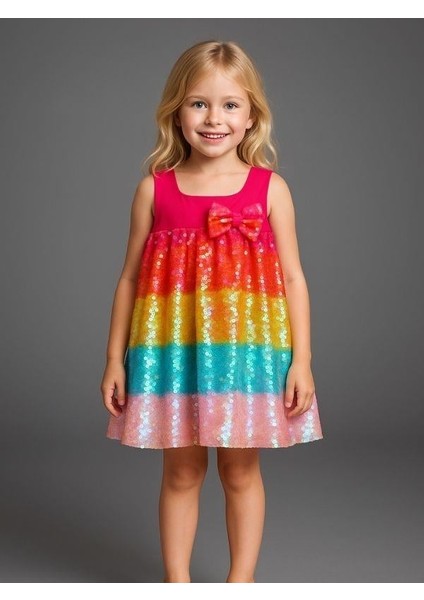 Kız Çocuk Pul Payetli Gökkuşağı Tasarım Abiye Elbise fırsatları