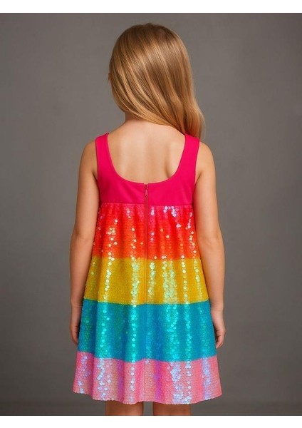 Kız Çocuk Pul Payetli Gökkuşağı Tasarım Abiye Elbise indirimleri