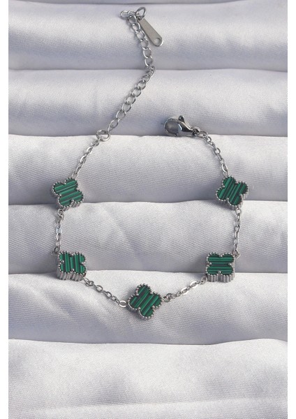 316L Çelik Baby Boy Gümüş Renk Çizgili Yeşil Mineli Yonca Bileklik