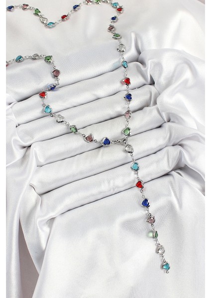 Pirinç Gümüş Renk Karışık Renk Zirkon Taşlı Kalpli Y Kadın Kolye