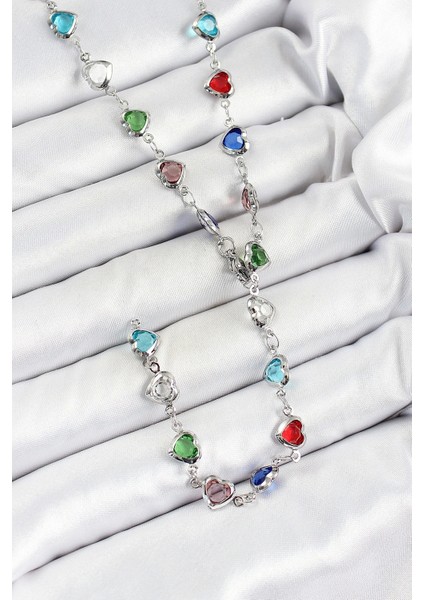 Pirinç Gümüş Renk Karışık Renk Zirkon Taşlı Kalpli Y Kadın Kolye fiyatları