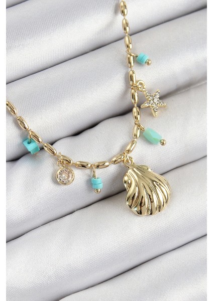 Pirinç Zirkon Taşlı Deniz Kabuğu Model Gold Renk Kadın Kolye