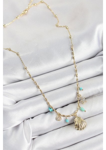 Pirinç Zirkon Taşlı Deniz Kabuğu Model Gold Renk Kadın Kolye fiyatları