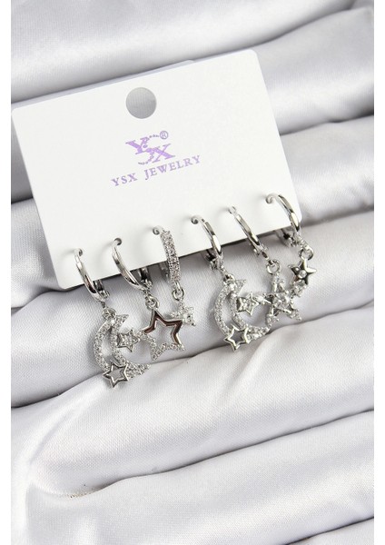 Pirinç Zirkon Taşlı Ay ve Yıldız Model Gümüş Renk 3'lü Çift Kadın Küpe