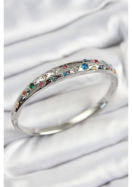 Pirinç Renkli Zirkon Taşlı Kutup Yıldızı Model Gümüş Renk Kadın Kelepçe