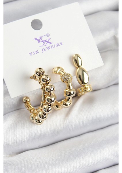 Pirinç Zirkon Taşlı Halka Model Gold Renk 3'lü Kadın Küpe