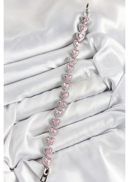 Pirinç Zirkon Taşlı Pembe Kalp Baget Model Gümüş Renk Vıp Seri Kadın Bileklik fiyatları