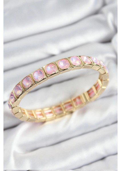 Pirinç Pembe Zirkon Taşlı Kare Model Gold Renk Lastikli Kadın Bileklik