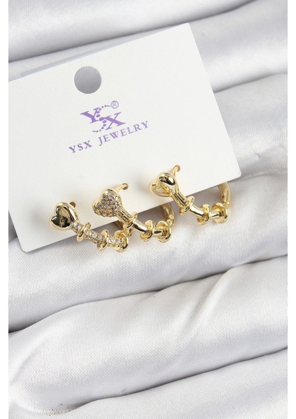 Pirinç Zirkon Taşlı Kalp Model Gold Renk 3'lü Kadın Küpe