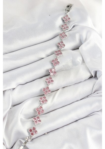 Pirinç Pembe Zirkon Taşlı Yonca Model Gümüş Renk Vıp Seri Kadın Bileklik fiyatları