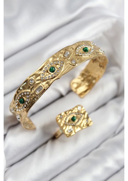 Pirinç Zirkon Taşlı Göz Model Gold Renk Bileklik Yüzük Set