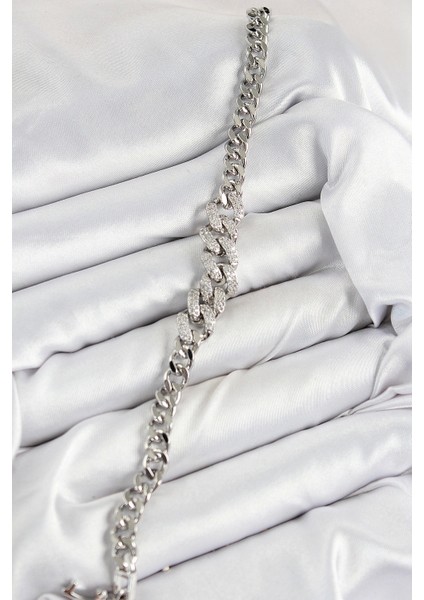 Pirinç Zirkon Taşlı Küba Zincir Model Gümüş Renk Kadın Bileklik fiyatları