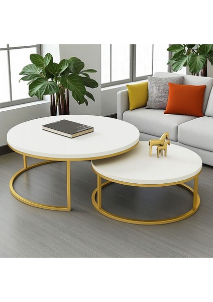 Ikili Orta Sehpa Gold Metal Beyaz Üst Panel