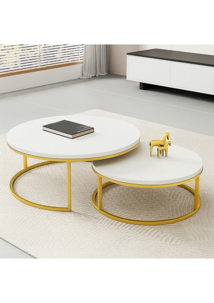 Ikili Orta Sehpa Gold Metal Beyaz Üst Panel fiyatları