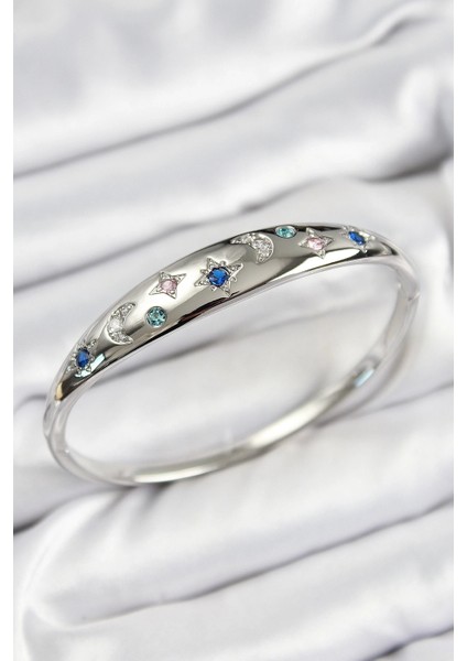 Pirinç Zirkon Taşlı Kutup Yıldızı ve Hilal Model Gümüş Renk Kadın Kelepçe