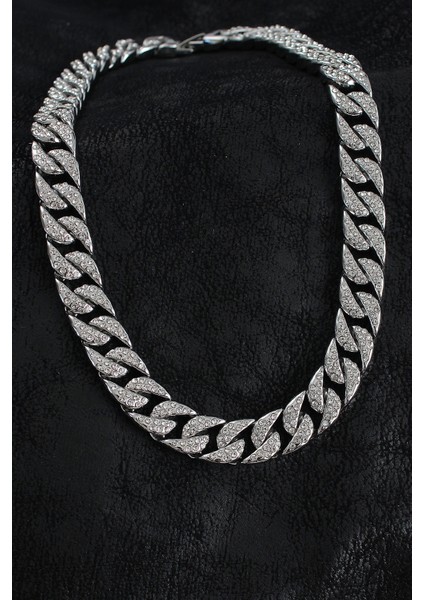 Pirinç Zirkon Taşlı Cuba Gurmet Model Gümüş Renk Erkek Kolye