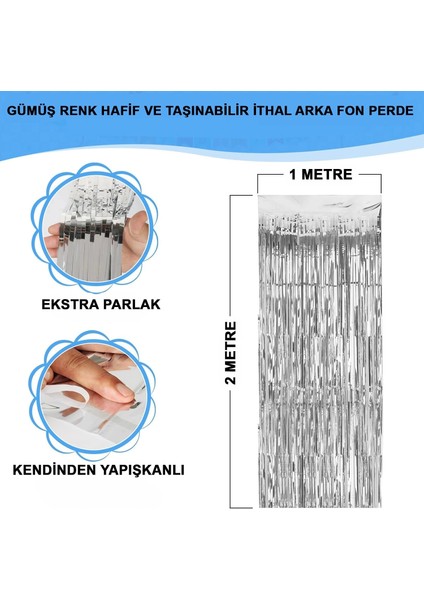 Gümüş Renk Ekstra Metalize Parlak Saçaklı Arka Fon Perde Ithal 1x2 Metre (5047)