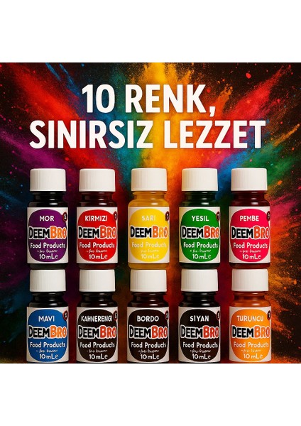 Su Bazlı Likit Gıda Boyaları 10'lu Set Sıvı Gıda Boyası Seti 10'lu 10 Renk 10 ml x 10'lu