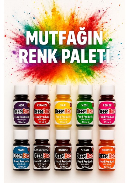 Su Bazlı Likit Gıda Boyaları 10'lu Set Sıvı Gıda Boyası Seti 10'lu 10 Renk 10 ml x 10'lu modelleri