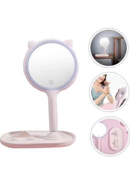 Kedi Kulaklı LED Işıklı Dokunmatik Masa Üstü Makyaj Aynası ve Telefon Standı