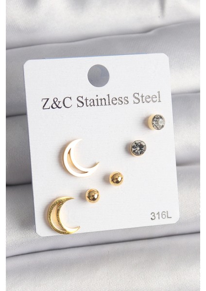 316L Çelik Gold Renk Zirkon Taşlı Hilal Model Kadın Küpe Seti