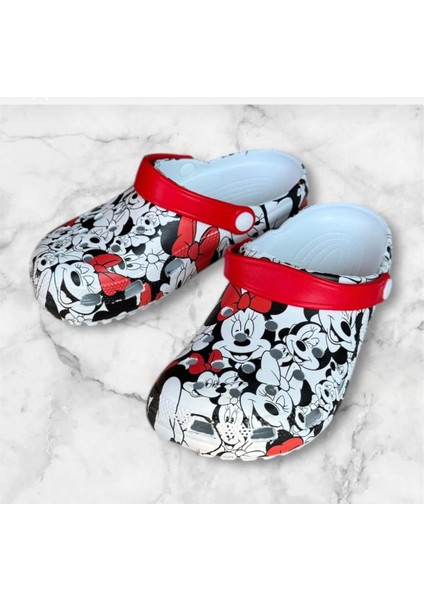 Kadın Kırmızı Beyaz Baskılı Önü Kapalı Terlik Sandalet modelleri