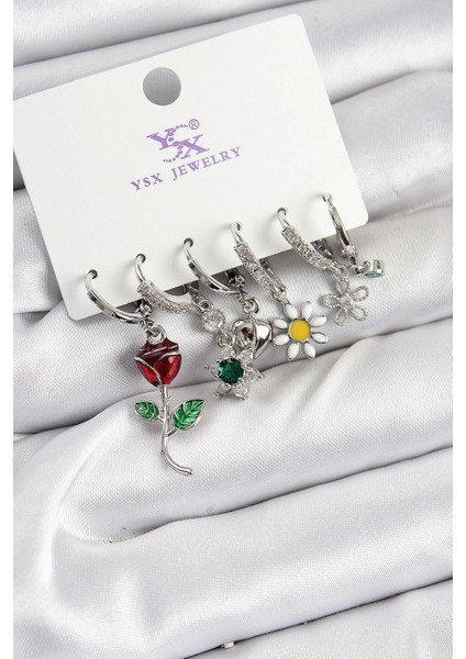 Pirinç Zirkon Taşlı Gül ve Papatya Model Gümüş Renk 3'lü Çift Kadın Küpe