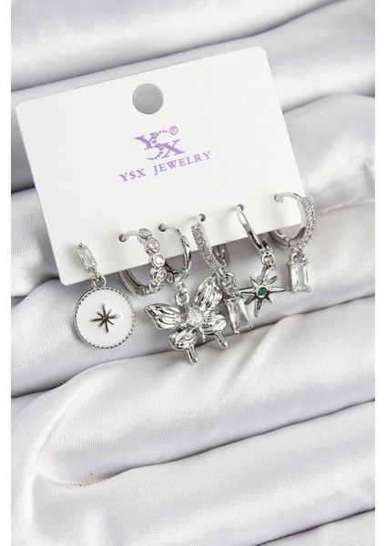 Pirinç Zirkon Taşlı Kelebek ve Yıldız Model Gümüş Renk 3'lü Çift Kadın Küpe