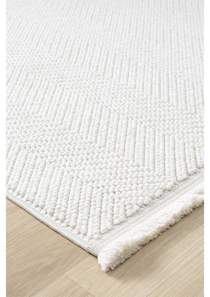 Posıtano Krem Renk Zigzag Model Yumuşak Bukleli ve Püsküllü Dekoratif Makine Dokuma Halı Oturma Odası Salon Mutfak Antre modelleri