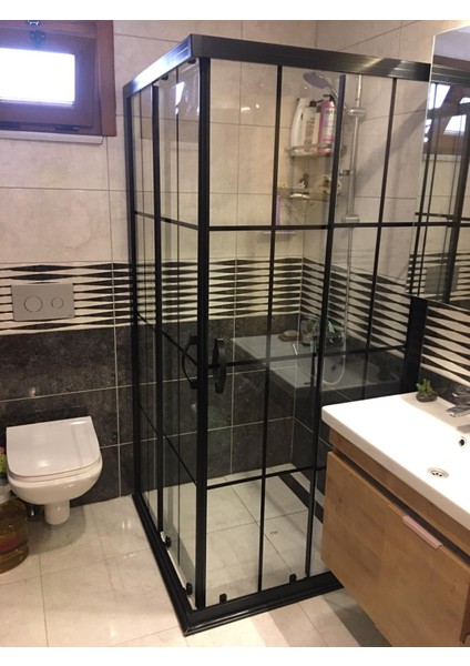 Duşakabin Köşe Giriş, 5 mm Şeffaf Siyah Karolajlı Temperli Cam, Siyah Alüminyum H:190 cm