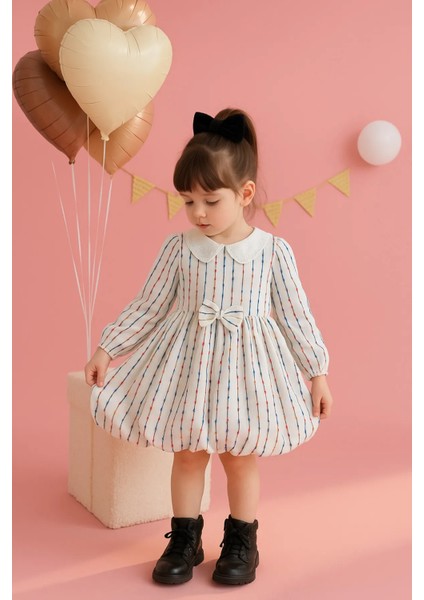 Kız Çocuk Elbise Brode Yakalı Çizgili Balon Etek Elbise Uzun Kollu Kuşaklı 3-7 Yaş