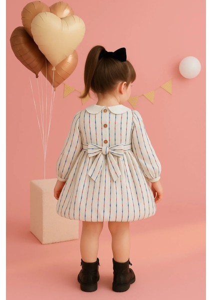Kız Çocuk Elbise Brode Yakalı Çizgili Balon Etek Elbise Uzun Kollu Kuşaklı 3-7 Yaş fiyatları
