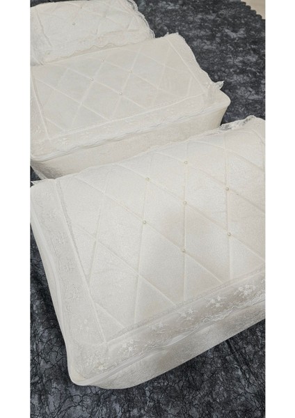 Kadife Gold Işlemeli 3'lü Krem Petekli Bohça, Nişan ve Düğün Seti